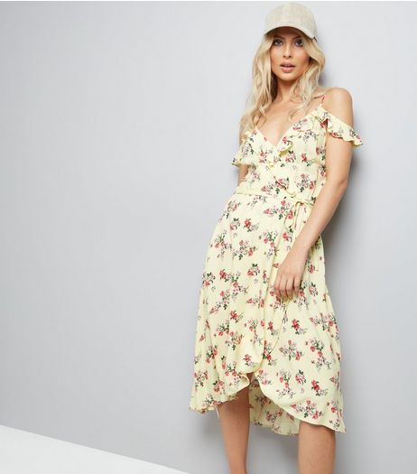Yellow Ditsy Floral Print Wrap Front Dress | New Look