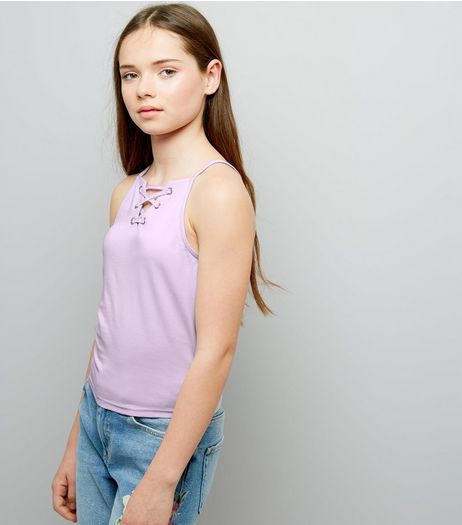Teens Lilac Eyelet Lattice Front High Neck Cami | New Look