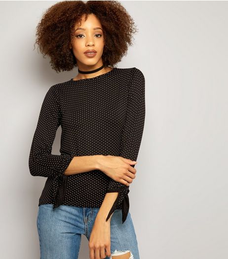 Black Spot Print Tie Sleeve Top | New Look