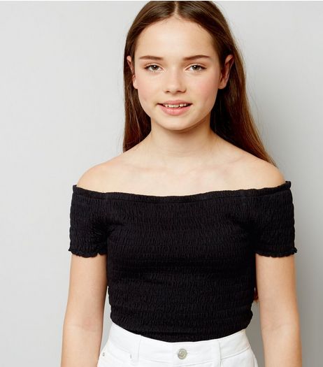 Teens Black Shirred Frill Edge Bardot Neck Top | New Look