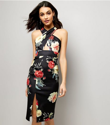 AX Paris Black Floral Print Cross Strap Front Dress | New Look