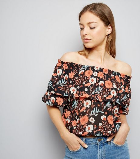 Blue Vanilla Black Floral Print Bardot Neck Top | New Look