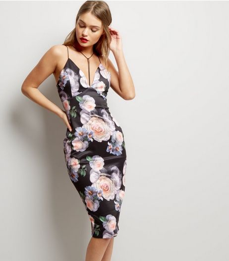 AX Paris Black Rose Print Strappy Dress | New Look