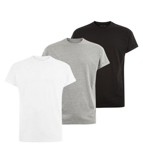 3 Pack Grey White and Black Roll Sleeve T-Shirts | New Look