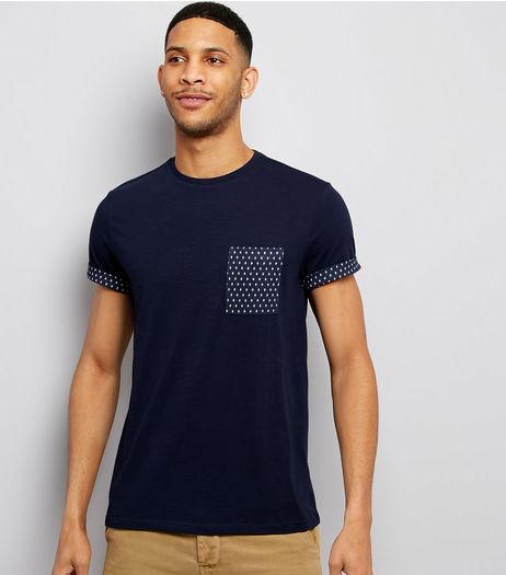 Navy Geometric Print Pocket T-Shirt | New Look