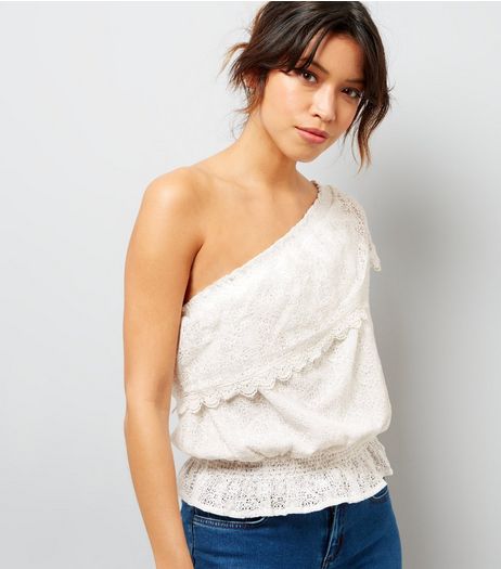 Cream Lace Shirred Hem One Shoulder Top | New Look