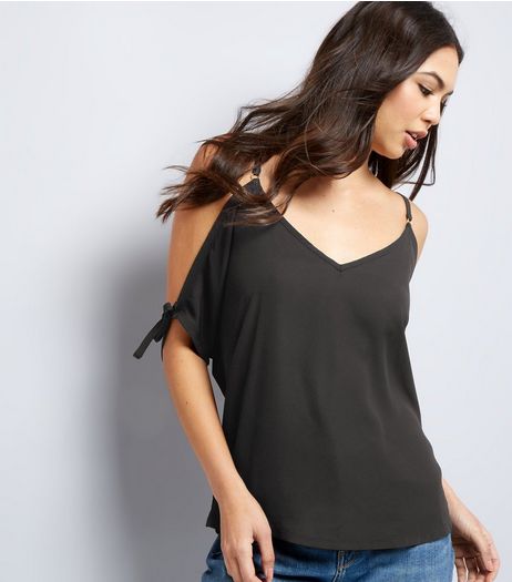 Black Tie Sleeve Cold Shoulder Top | New Look