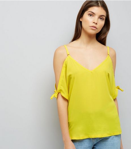 Yellow Tie Sleeve Cold Shoulder Top | New Look
