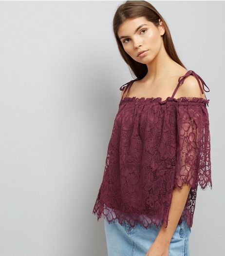 Burgundy Lace Tie Strap Bardot Neck Top | New Look
