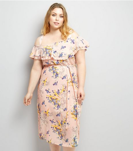 Curves Pink Floral Print Frill Trim Midi Dress | New Look