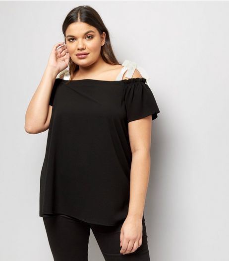 Curves Black Contrast Tie Strap Bardot Neck Top | New Look