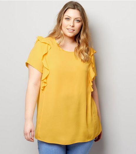 Curves Yellow Frill Shoulder Top | New Look