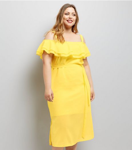 Curves Yellow Frill Trim Bardot Neck Midi Dress | New Look