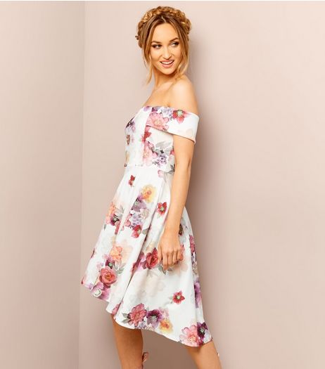 White Floral Print Bardot Neck Dress | New Look