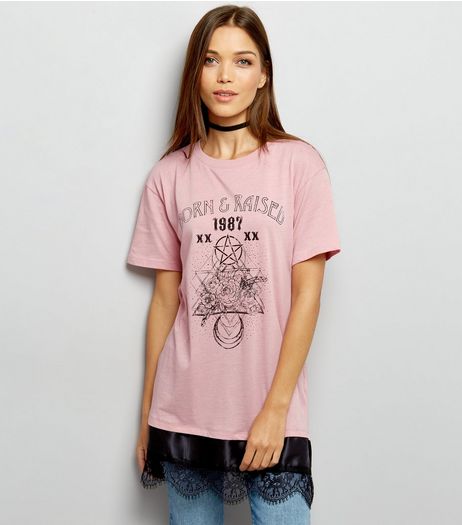 Mid Pink Born and Raised Lace Hem T-Shirt | New Look