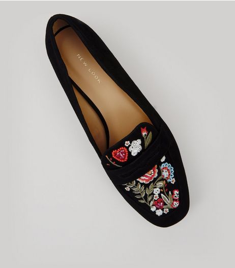 Black Suedette Floral Embroidered Loafers | New Look