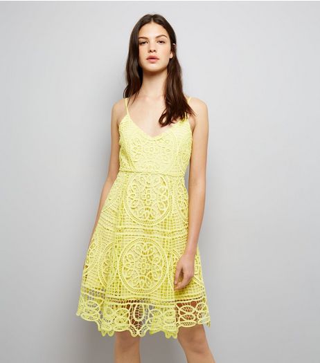 Yellow Premium Lace Midi Skater Dress | New Look