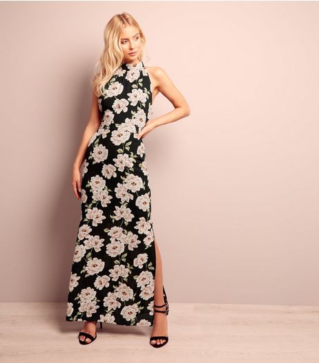 Black Floral Print Halter Neck Maxi Dress | New Look