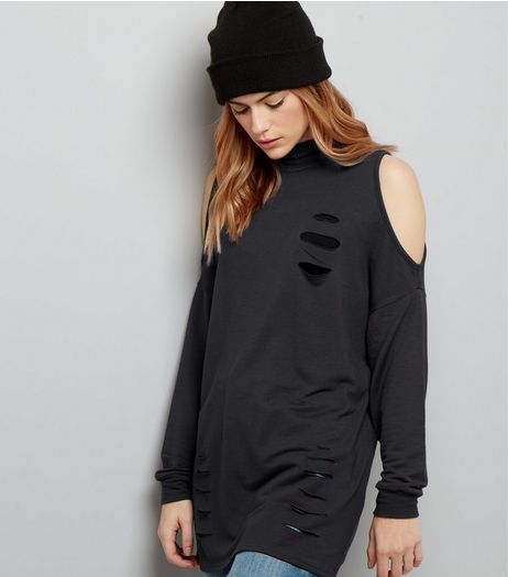 Innocence Dark Grey Ripped Cold Shoulder Longline Top | New Look