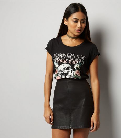 Petite Black Seam Trim Leather-Look Mini Skirt | New Look