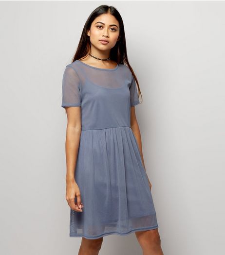 Petite Blue Mesh Smock Dress | New Look