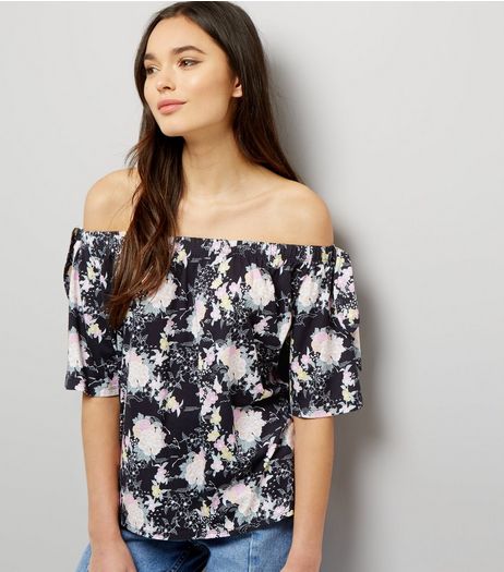 Black Floral Print Bardot Neck Top | New Look
