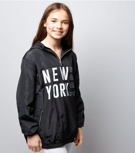Teens Black New York Print Half Zip Hooded Jacket | New Look