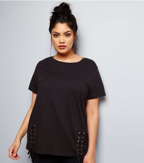 Curves Black Eyelet Lace Up Hem T-Shirt | New Look
