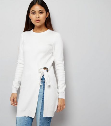 Petite Cream Eyelet Tie Side Longline Jumper | New Look