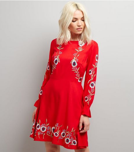 Petite Red Floral Embroidered Long Sleeve Skater Dress | New Look