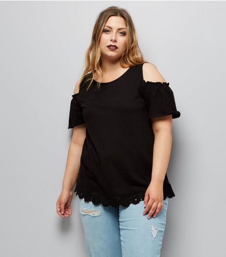 Curves Black Crochet Lace Hem Cold Shoulder Top | New Look