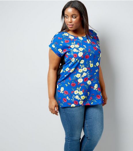 Curves Blue Floral Front Jersey Back T-Shirt | New Look
