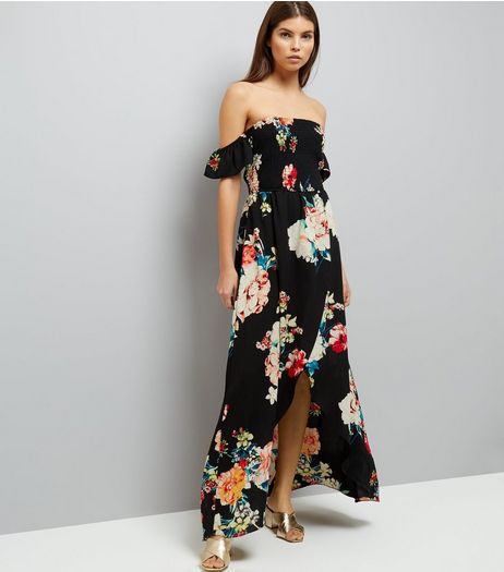 Black Floral Print Shirred Bardot Neck Dress | New Look