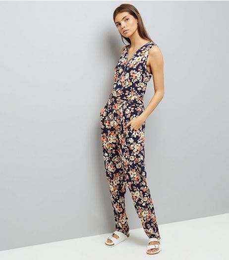 Mela Navy Floral Zip Front Jumpsuit | New Look