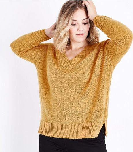 Curves Mustard V Neck Ribbed Jumper | New Look