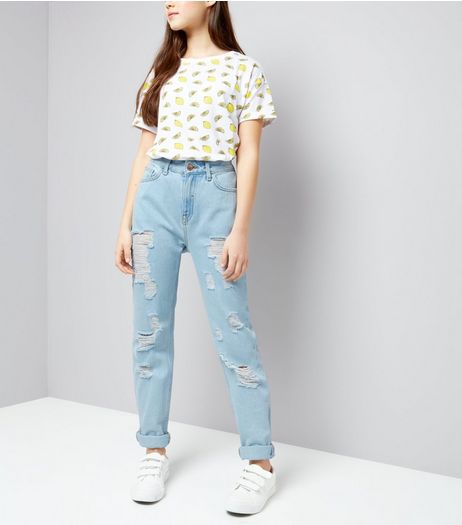 Teens Pale Blue Ripped Mom Jeans | New Look