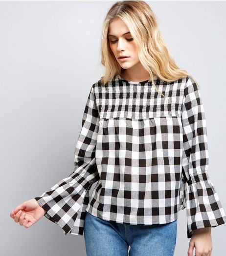 Influence Black Bell Sleeve Gingham Check Top | New Look