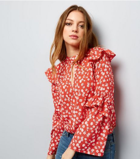 Influence Red Keyhole Frill Trim Blouse | New Look