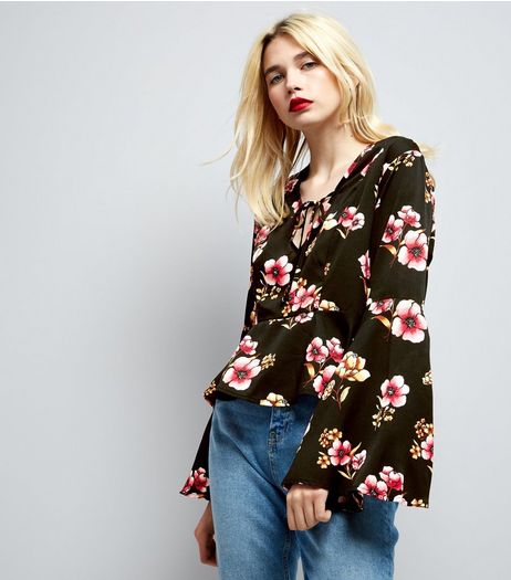 Influence Black Floral Print Tie Front Blouse | New Look