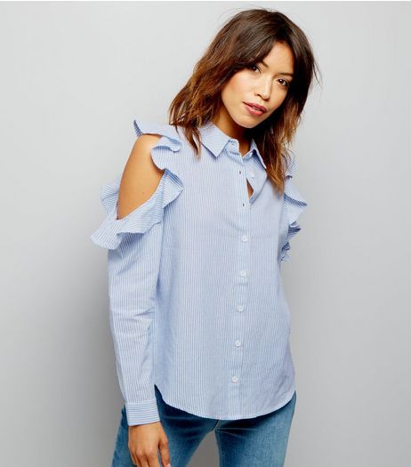 Influence Blue Stripe Frill Cold Shoulder Shirt | New Look