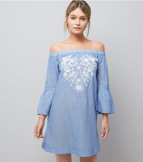 Blue Stripe Floral Embroidered Bardot Neck Beach Dress | New Look