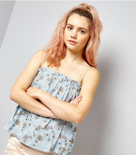 Blue Floral Print Frill Trim Cami Top | New Look