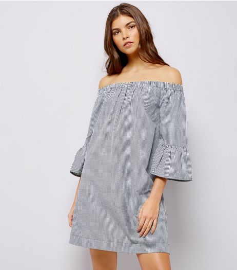 Black Gingham Bell Sleeve Bardot Neck Dress | New Look