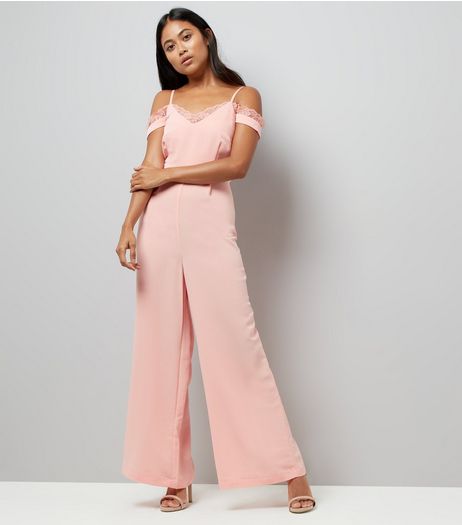 Petite Pink Lace Trim Cold Shoulder Jumpsuit | New Look