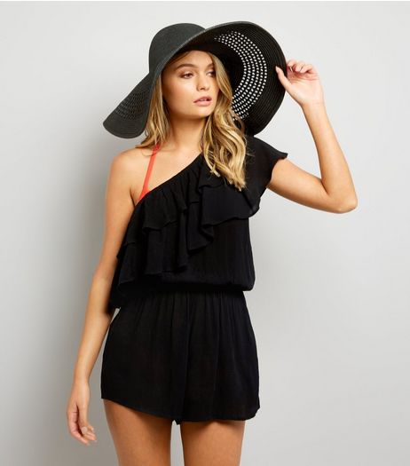 Black Asymmetric Frill Trim Beach Playsuit | New Look