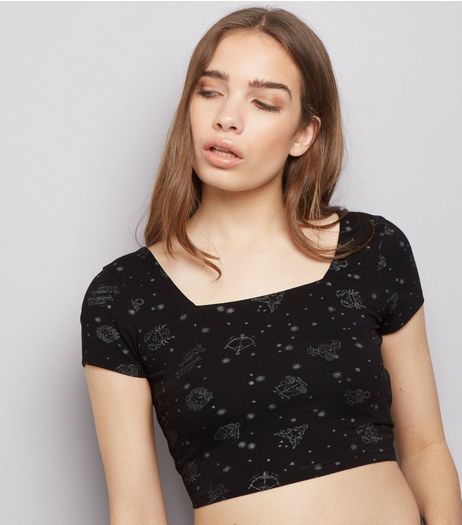 Black Zodiac Print Crop Top | New Look