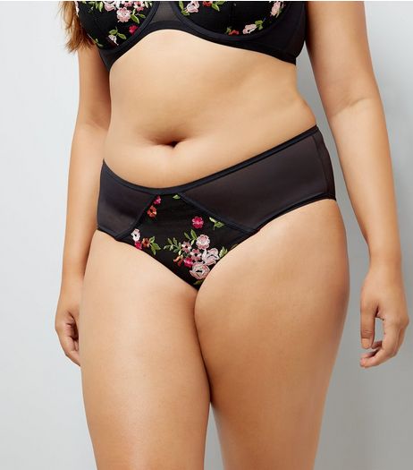 Curves Black Floral Embroidered Brazilian Briefs | New Look