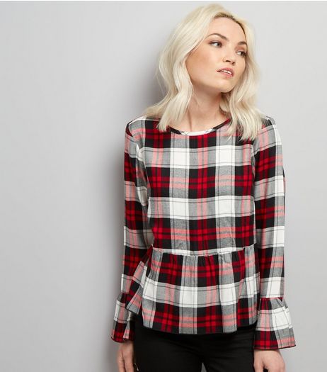 Petite White Check Peplum Hem Top | New Look