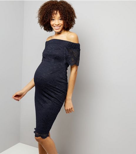 Maternity Navy Lace Bardot Neck Bodycon Dress | New Look