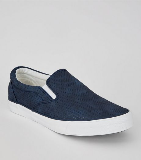Navy Suedette Perforated Plimsolls | New Look